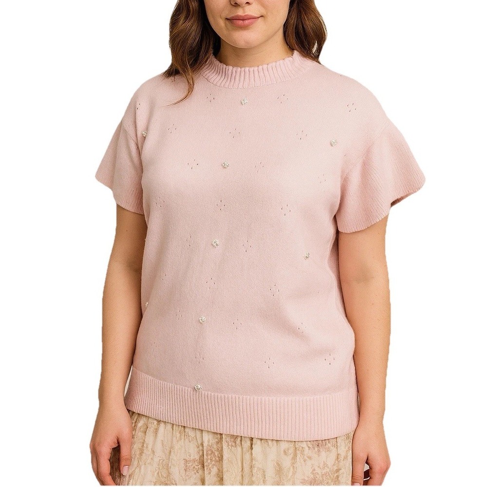 ontwelfth  Womens Light Pink Knit Blouse‎ Large Round Neck Short Sleeve Pearl